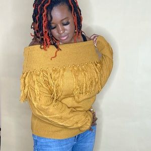 Mustard off shoulder fringe sweater